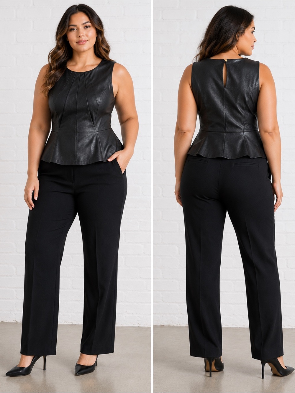 Jennifer Lopez Faux Leather Peplum Top Black Sleeveless Minimalist Glam Top US L